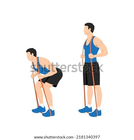 Man doing Good morning resistance band exercise for backside workout. Flat vector illustration isolated on white background