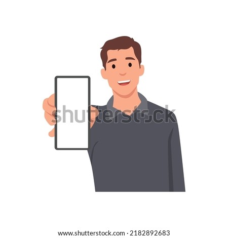 Young man showing smartphone or man holding smartphone close up. Flat vector illustration isolated on white background