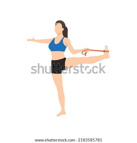 Woman doing extended hand to big toe with elastic band pose utthita hasta padangusthasana exercise. Flat vector illustration isolated on white background