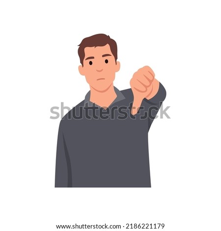 Young man showing thumbs down sign, dislike, looks with negative expression and disapproval. Disagreement. Flat vector illustration isolated on white background