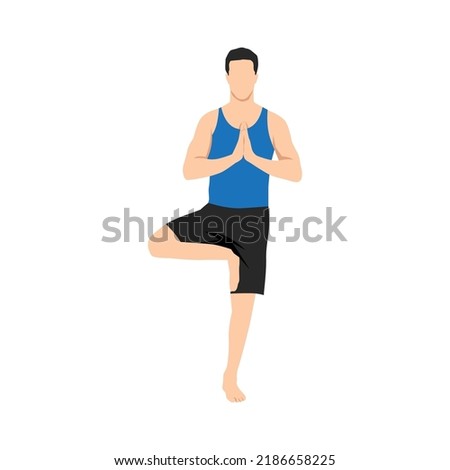 Young man practicing yoga with tree pose, vrksasana asana, stand on one leg. Flat vector illustration isolated on white background
