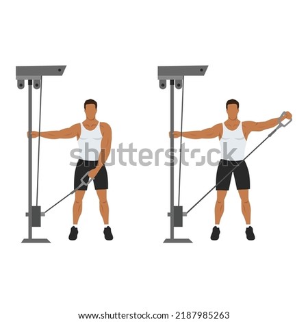 Man doing cable one arm lateral raise exercise. Flat vector illustration isolated on white background