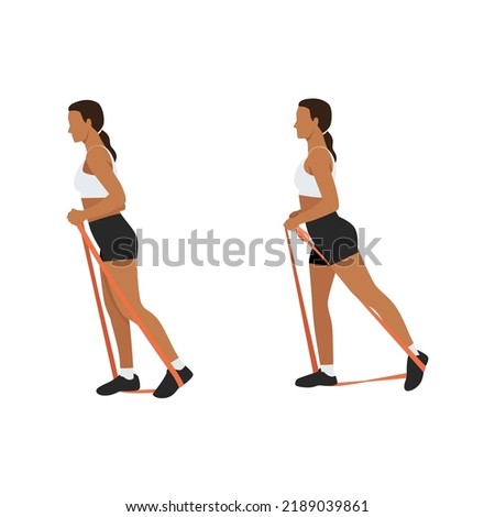 Woman doing backward glute raises with long resistance band exercise. Flat vector illustration isolated on white background