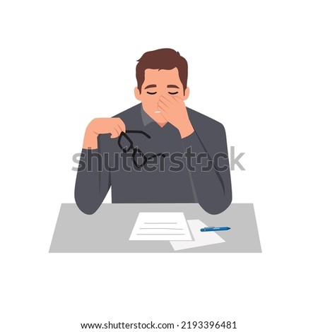 Man feel stress in office. Headache while working with documents. Work load deadline. Stress at work.