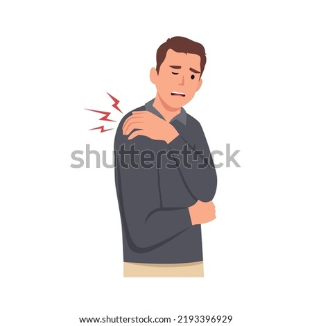 Man holds the left shoulder because he feels pain. shoulder disease, muscle pain, shoulder injury. the expression on the face of the person who was enduring the pain. health problems. flat style