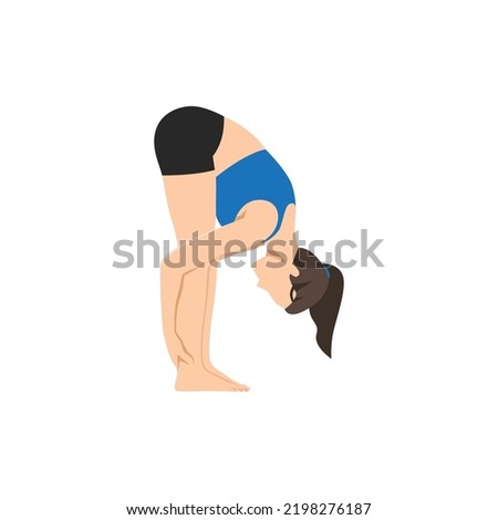 Woman doing Standing Forward Fold Pose, Intense Stretch Pose, Intense Forward Stretch, Standing Forward Bend Pose, Hand to Leg Pose. Uttanasana. Flat vector illustration isolated on white background