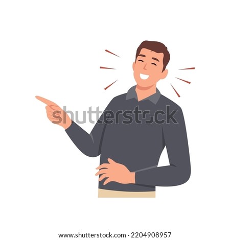 Young man laughing while pointing. Flat vector illustration isolated on white background