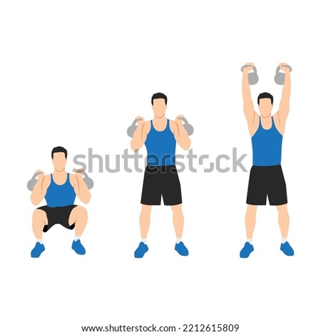 Man doing kettlebell thruster or squat to clean to overhead press exercise. Flat vector illustration isolated on white background