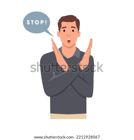 Young man Unhappy showing crossed hands sign. Gesture meaning to stop, that s enough symbol. Refusal or denial. Flat vector illustration isolated on white background