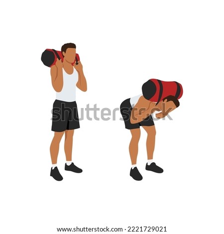 Man doing Power bag or sandbag good morning exercise for backside workout. Flat vector illustration isolated on white background