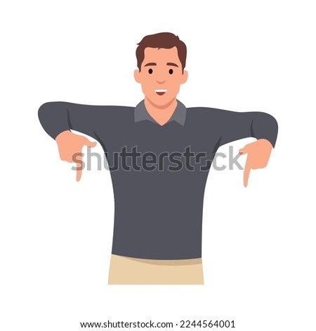 Young man standing behind the white blank banner and pointing down at a copy space. Flat vector illustration isolated on white background