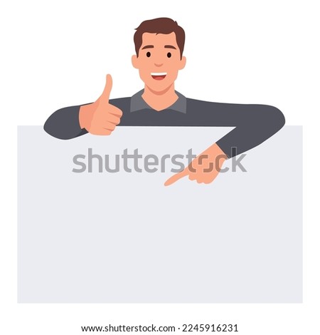 Young man is standing behind the white blank banner and pointing down at a copy space with one thumb up. Flat vector illustration isolated on white background
