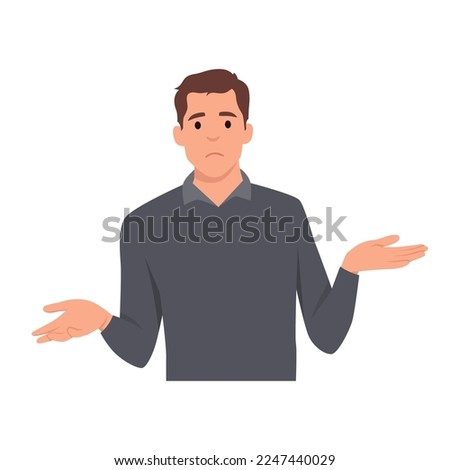 Oops. Sorry. I don't know. Young business man shrugs, shows helpless gesture and spread his hands. Flat vector illustration isolated on white background