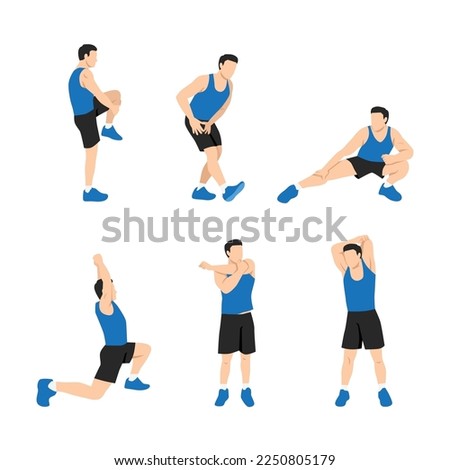 Workout man set. Man doing fitness exercises. Full body stretching. Warming up and stretch. Flat vector illustration isolated on white background