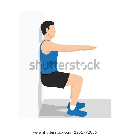 Man doing wall sit exercise. Flat vector illustration isolated on white background