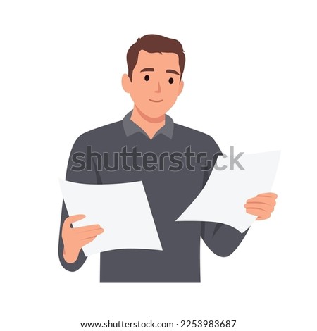 Young man looking through paper documents, satisfied with research results. Smiling male accounting manager reviewing financial report. Flat vector illustration isolated on white background