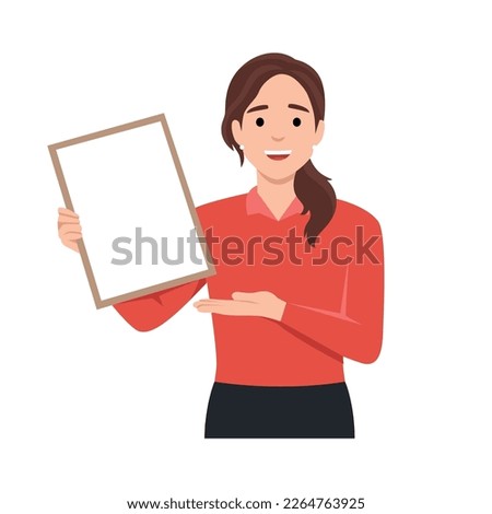 Happy beautiful young woman holding or showing a blank clipboard and showing hand to copy space side away. Flat vector illustration isolated on white background