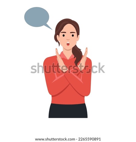 Young female say NO with negative gesture. Concept of rejection, refusing denial, disagree woman choice decision. Flat vector illustration isolated on white background