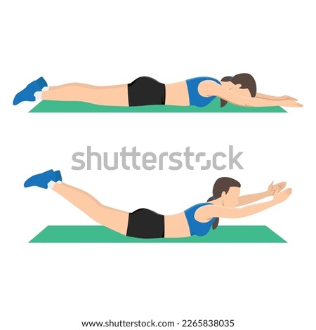 Fitness and Workout. A woman is doing sports exercises. Superman stretch. Workout for back and abs. Fitness for weight loss. Flat vector illustration isolated on white background