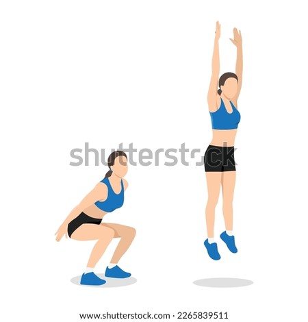 Woman doing squat jump in 2 steps in side view for strengthens entire lower body. Flat vector illustration isolated on white background