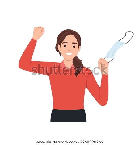 Happy Excited Girl Taking Off Medical Mask Post Pandemic. Young woman feeling released and thankful for lifted restrictions after coronavirus health crisis. Flat vector illustration isolated