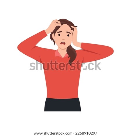 Frustrated young woman holding hands on her head. Scared or shocked girl's expression. Unhappy sad female person screaming. Emotional stress. Worried people concept illustration in vector cartoon. Сток-фото © 