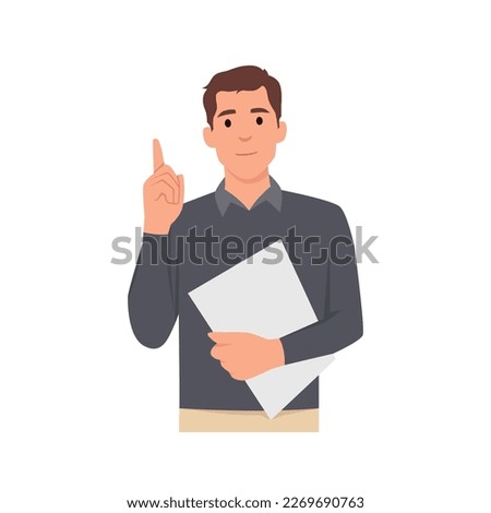 Happy young business man pointing up. Light bulb representing idea, solution in the thought bubble. Trendy person thinking, gesturing or showing index finger. Vector illustration in cartoon style.