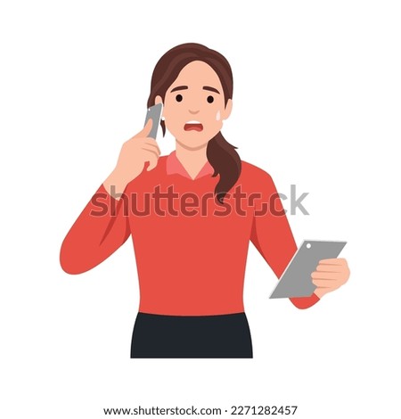 Shocked young woman talking on the smart phone or mobile phone scared in shock with a surprise face. Amazed frowning female calling holding tablet. 