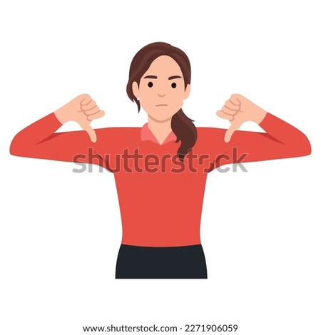 Unhappy young woman show thumb down dissatisfied with bad quality service. Upset distressed female demonstrate dislike and disapproval. Flat vector illustration