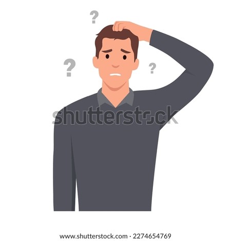 Young man cartoon character Confused in Casual wear scratching his head. Unhappy man in puzzled expression. Flat vector illustration isolated on white background