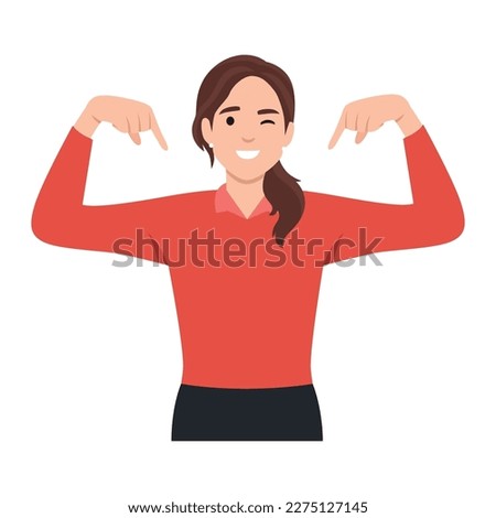 Young woman standing behind the white blank banner and pointing down at a copy space.. Flat vector illustration isolated on white background
