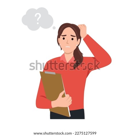 Young woman scratching her head. Puzzled girl scraping hair, feeling doubt or hesitating. Question and doubt concept holding clipboard, human expression and body language.