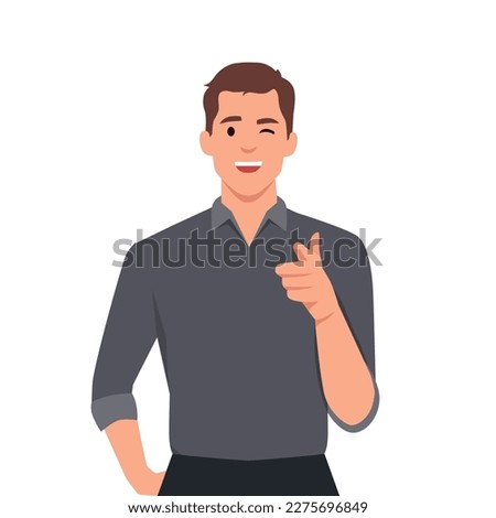 Confident man pointing finger at camera to press button on invisible screen. Young man wink and points to display with hand calling to attend event or participate in promotion. 