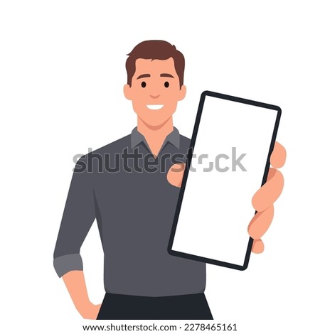 worker or business man showing smartphone, man holding smartphone close up. Flat vector illustration isolated on white background