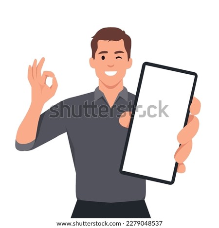 Happy young man showing smartphone and showing okay, OK or O sign. Mobile phone technology concept. Flat vector illustration isolated on white background