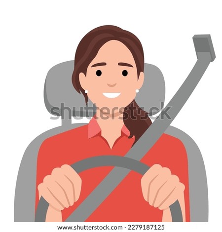 Car cockpit and a woman driver, front view with seat belt. Flat vector illustration isolated on white background