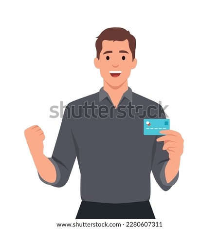 Happy young businessman showing credit, debit, ATM card. Man making raised hand fist gesture. Male character design illustration. Human emotions, facial expressions. Flat vector
