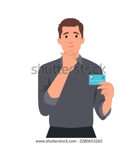 Young man thinking about using credit card. He is holding credit card on his hand while thinking. Flat vector illustration isolated on white background