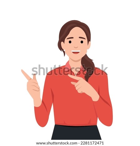 Joyful woman pointing finger at copy space.. Flat vector illustration isolated on white background