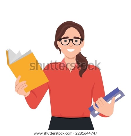 Young attractive in eyeglasses woman holding books. Flat vector illustration isolated on white background