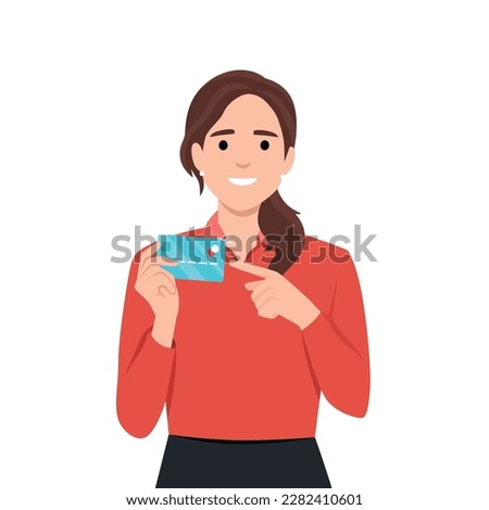 Professional young businesswoman showing or holding credit or debit or ATM banking card and pointing hand finger towards, presenting or introducing something. Flat vector