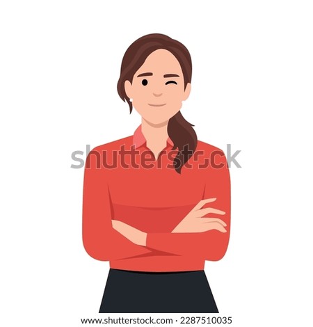 Confident and beautiful young woman in smart casual wear keeping arms crossed and smiling. Portrait of a young smiling woman. Woman folded hands.Flat vector illustration isolated on white background