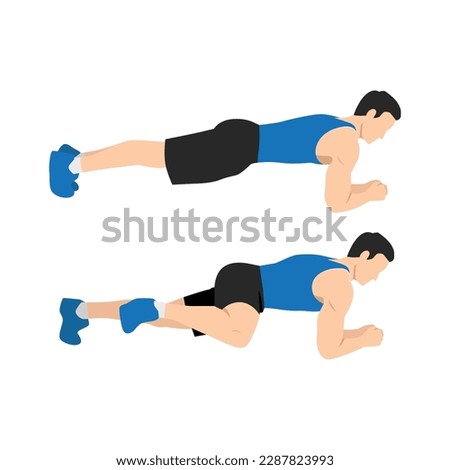 Man doing Abdominal exercise position introduction with Plank Knee to Elbow in 2 step for guide. Flat vector illustration isolated on white background