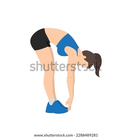 Woman doing Ragdoll. Forward bend. Fold stretch exercise. Flat vector illustration isolated on white background