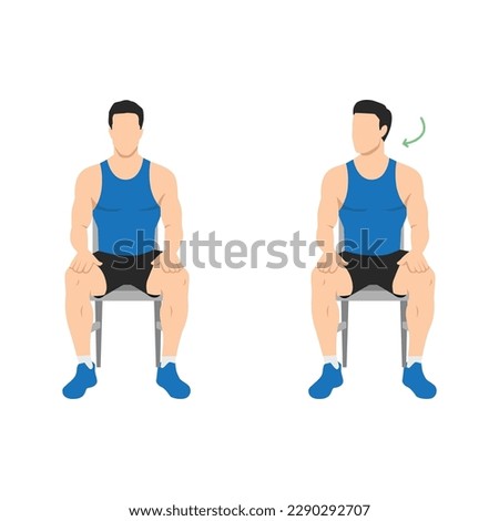 Man doing chair seated neck turns or head rotations. Neck rotation exercise. Turning head left and right. Healthy activity, office stretch. Flat vector illustration isolated on white background