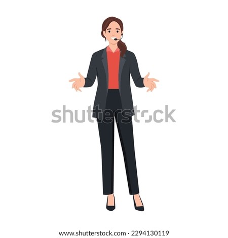 Business coach woman with public speaking headset leads training giving tips for success and self-confidence. Girl leading corporate business training and coaching motivating company employees. Flat v