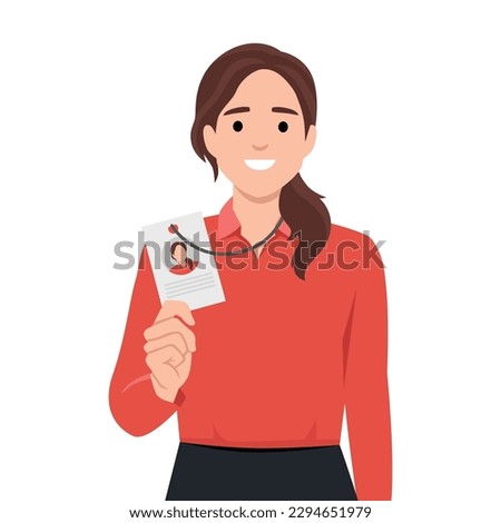 Positive woman shows badge with photo of personal data issued for use in office of corporation. Casual girl with smile and pride demonstrates document to employee company. Flat vector illustration