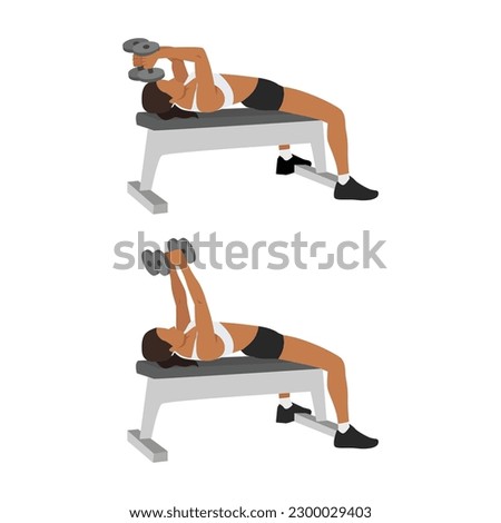 Woman doing Lying dumbbell tricep extensions exercise. Flat vector illustration isolated on white background