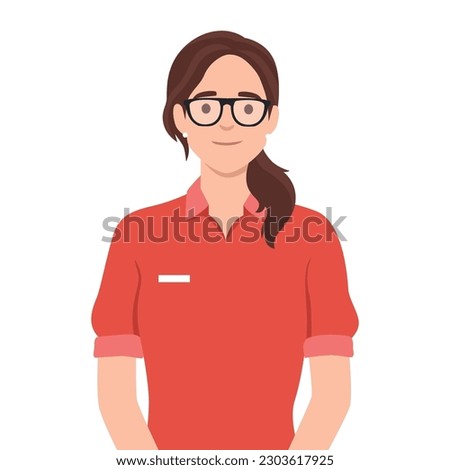 Woman cashier smiles buyer. Retail worker with uniform standing and smiling with glasses. Flat vector illustration isolated on white background