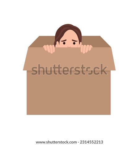 Young woman hiding in a carton box. Flat vector illustration isolated on white background
